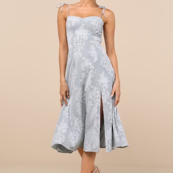 Lulus Loveliest Looks Dusty Blue Floral Jacquard Tie-strap Midi Dress - Size L - Picture 1 of 1